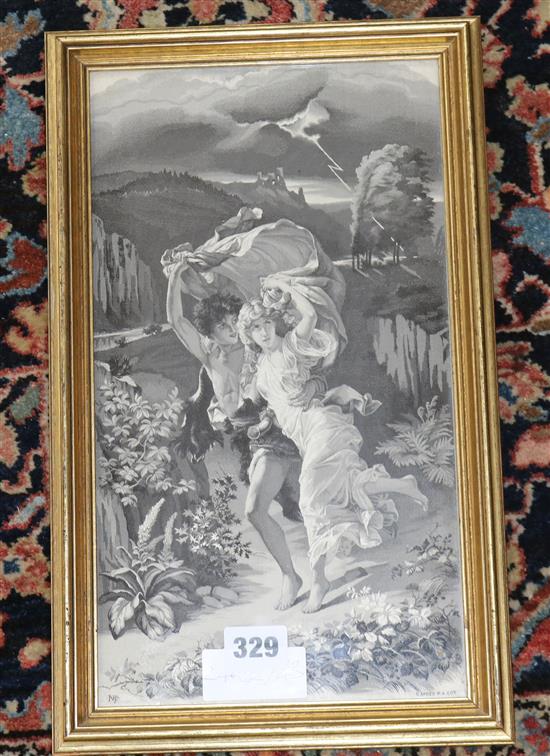 A late 19th century French machined silk picture of figures fleeing a storm, 12.75 x 7in.